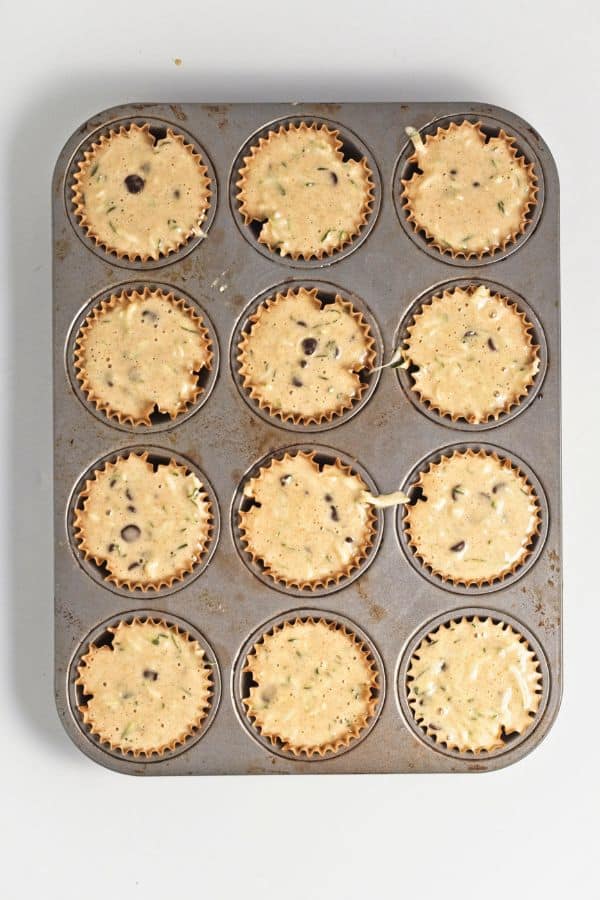 zucchini muffin mixture in tray.
