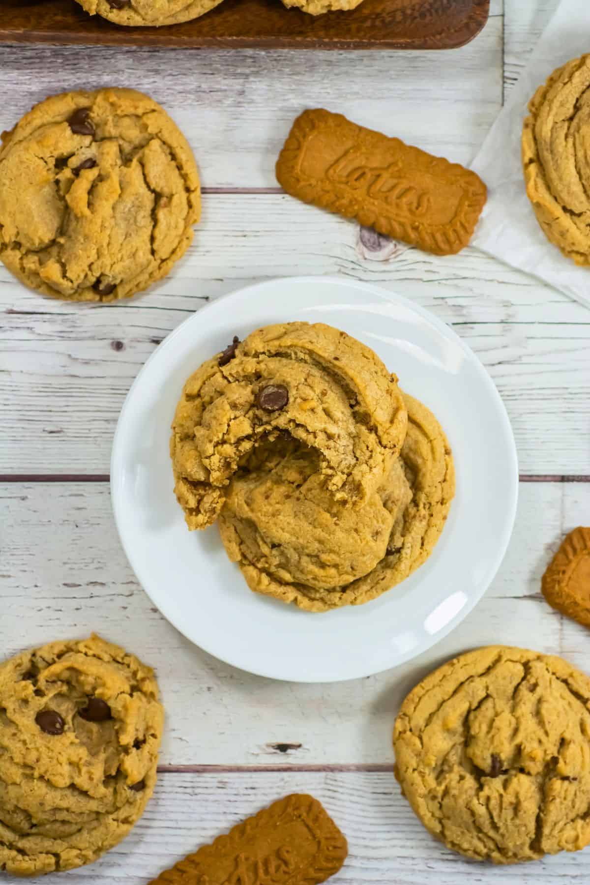 top view of biscoff choc chip cookies and biscuits.