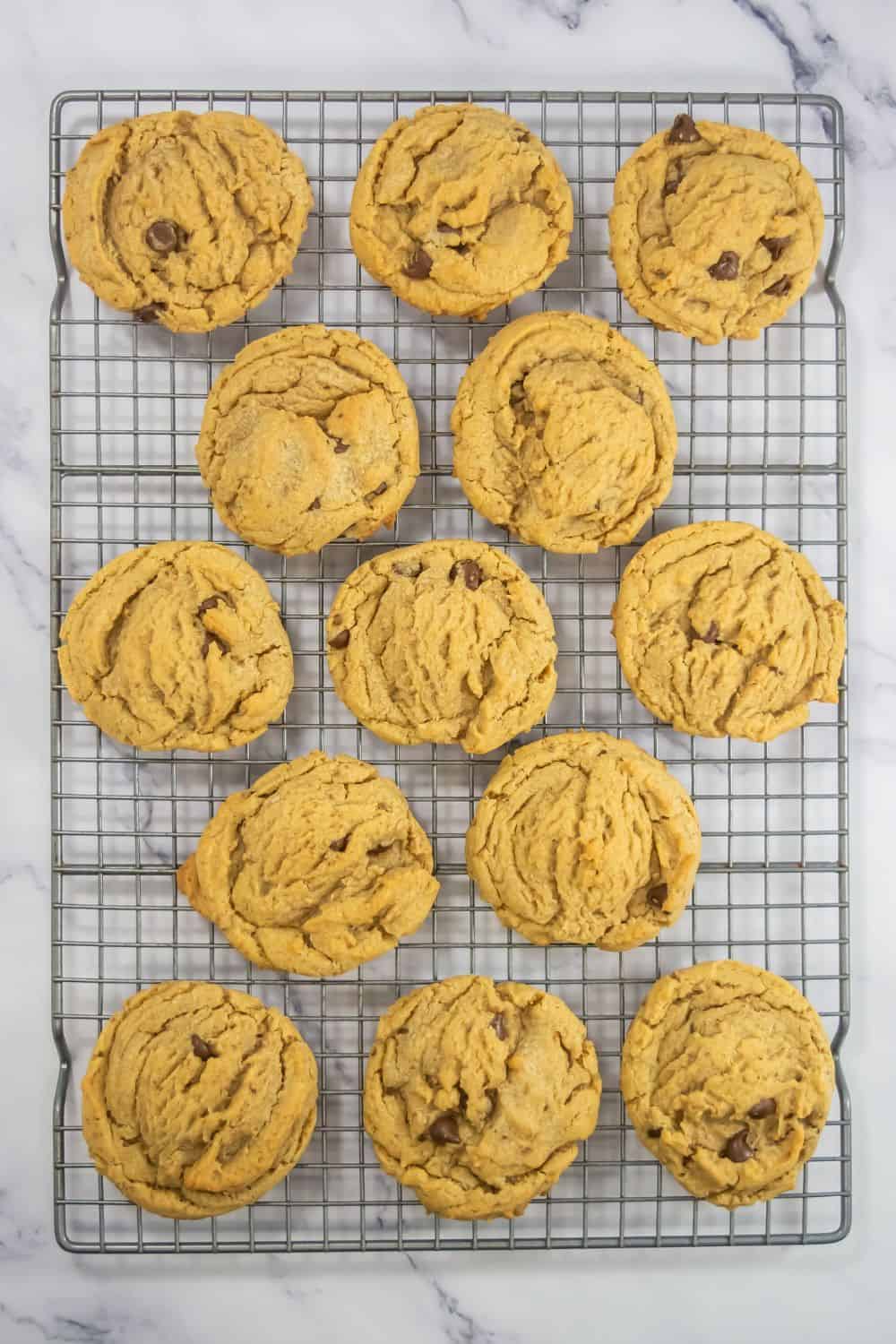 chocolate chip cookies on wire rack.