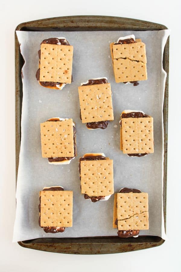 smores on baking tray.