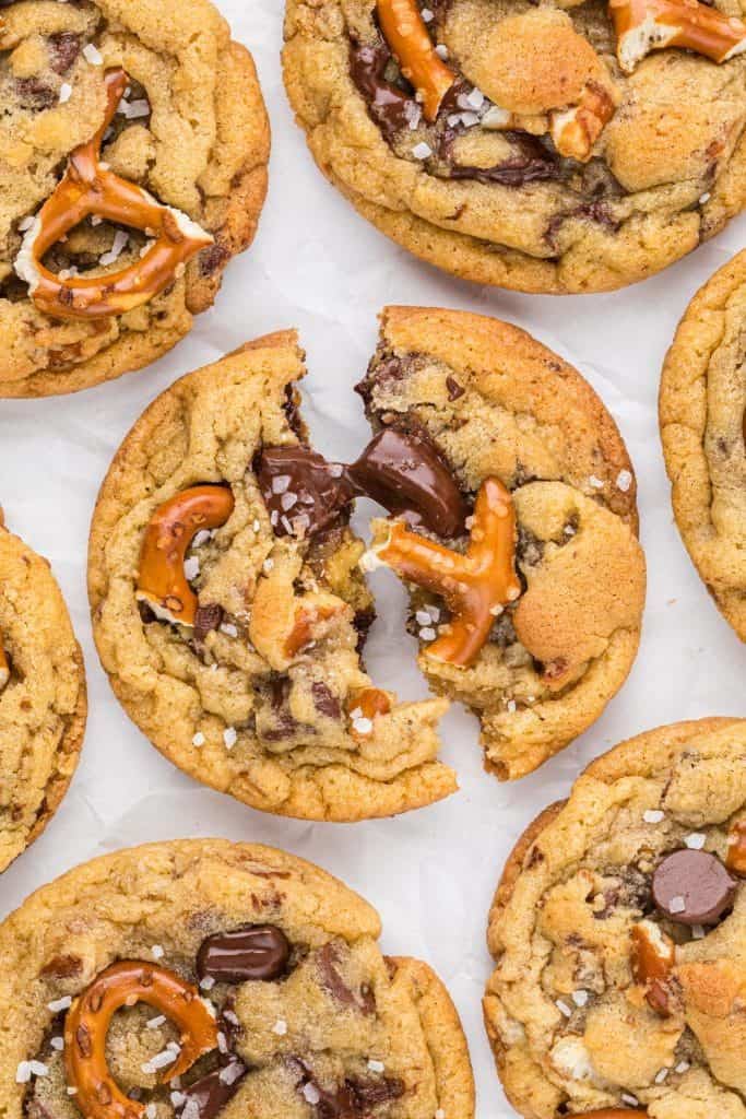 chocolate chip pretzel cookie torn apart.