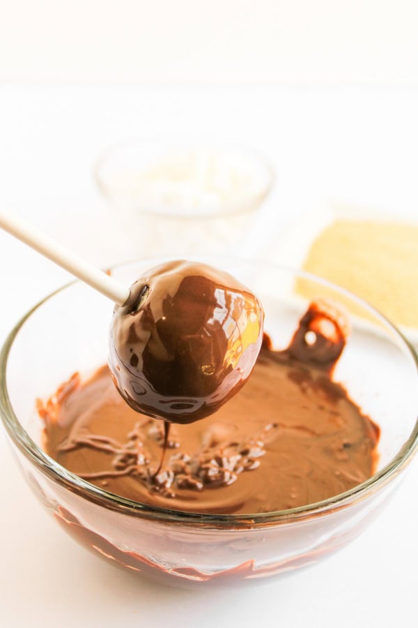 cake pop dipped in melted chocolate.