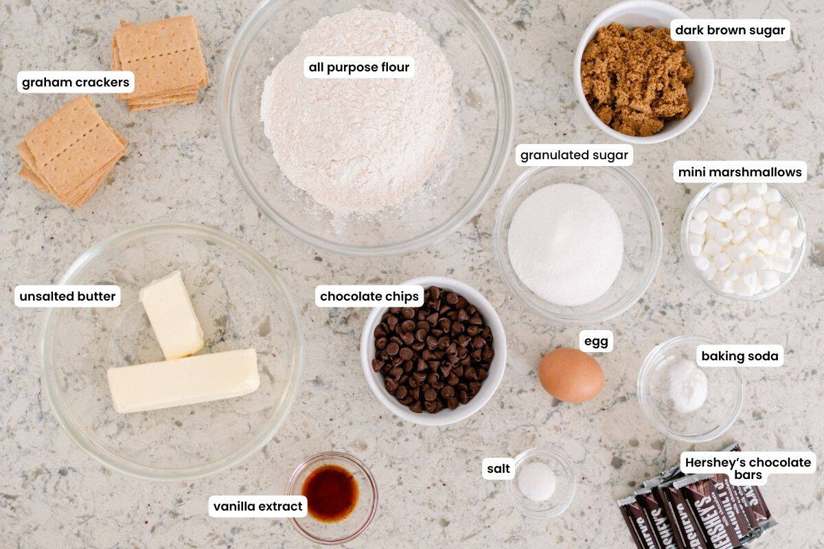 smores chocolate chip cookies ingredients labelled.