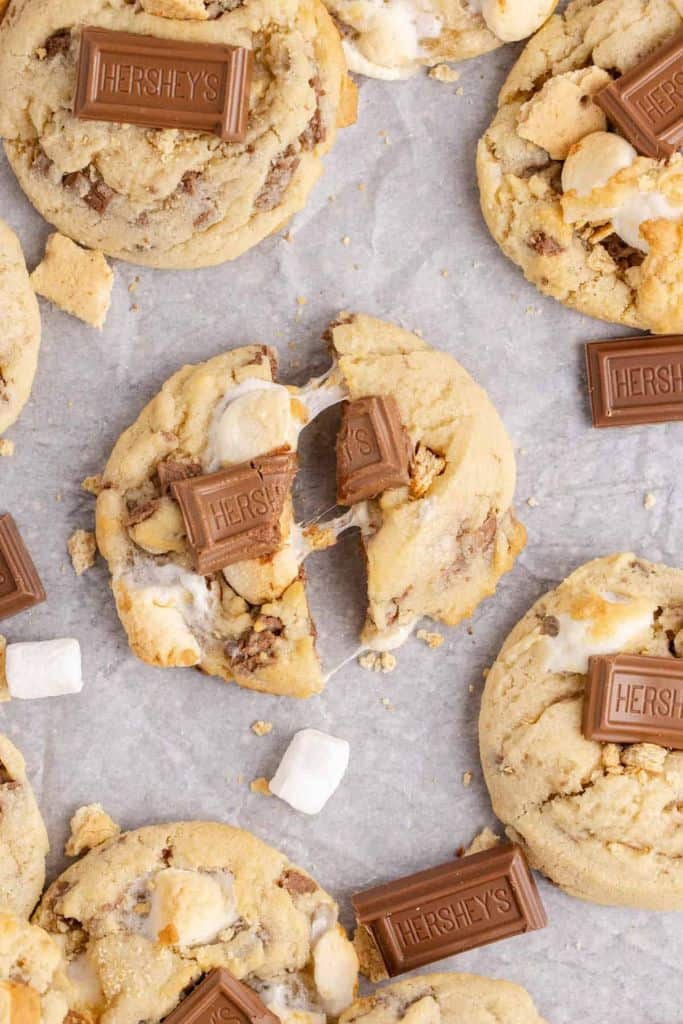 smores cookies on parchment paper.
