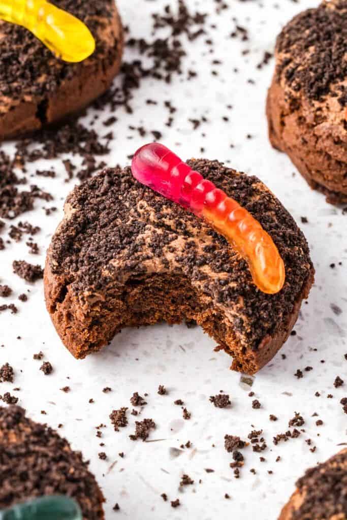 dirt cake cookie with candy worm on top.