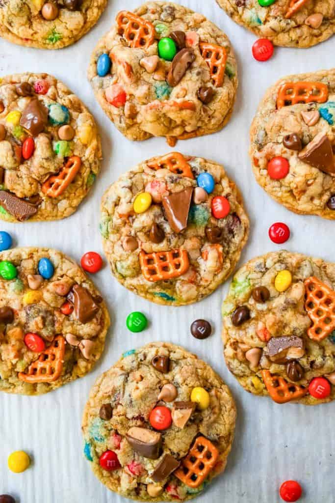 kitchen sink cookies with mm cookies and pretzels.