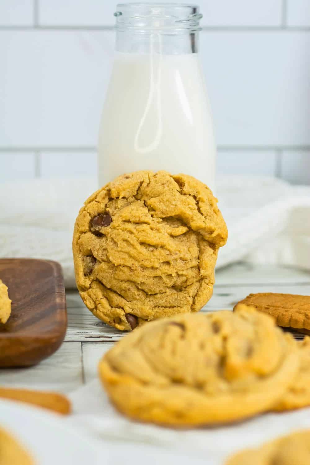 biscoff cookie resting on milk bottle.
