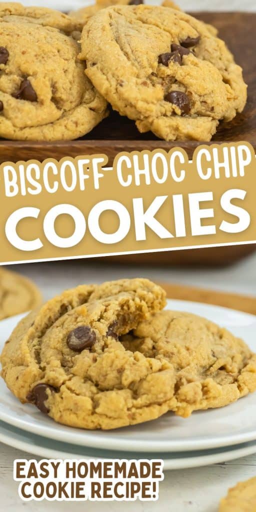 collage of biscoff chocolate chip cookies.