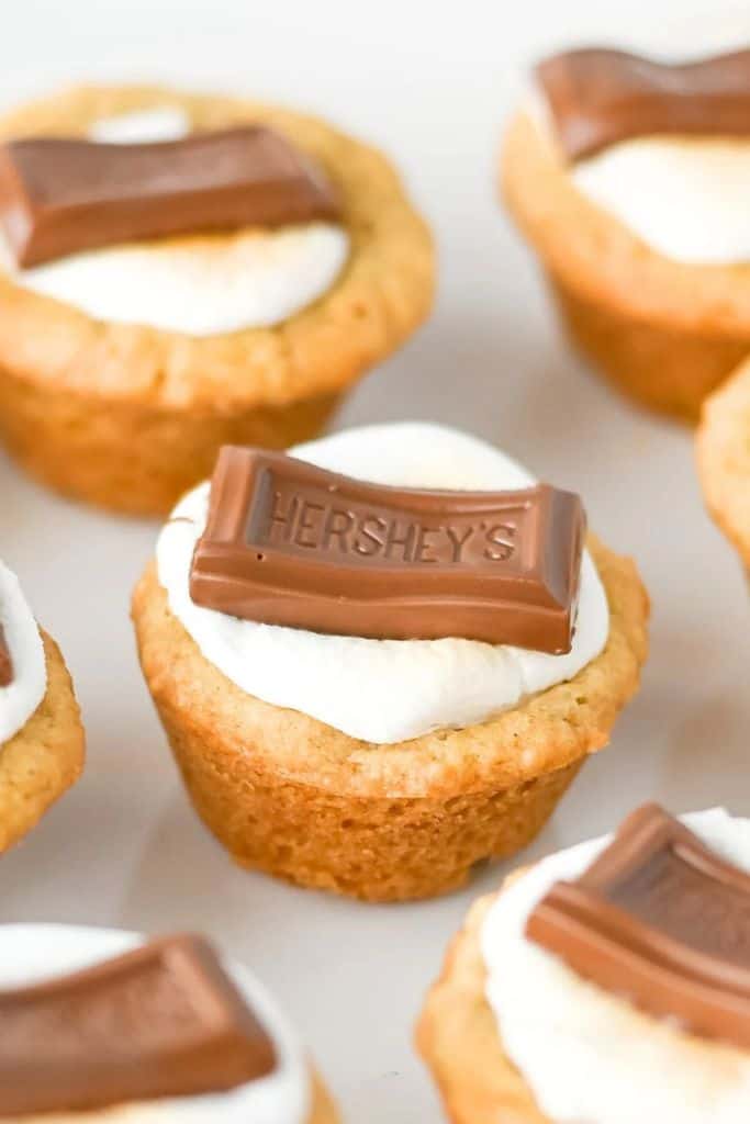 mini smores cups topped with hershey's chocolate.