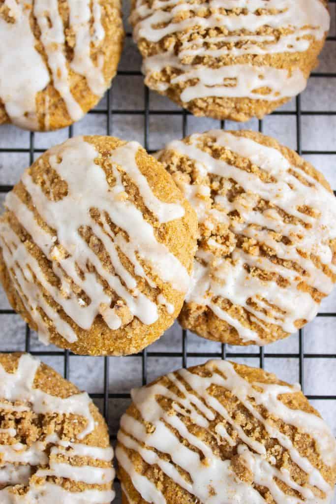 glazed pumpkin coffee cake cookies on wire rack.