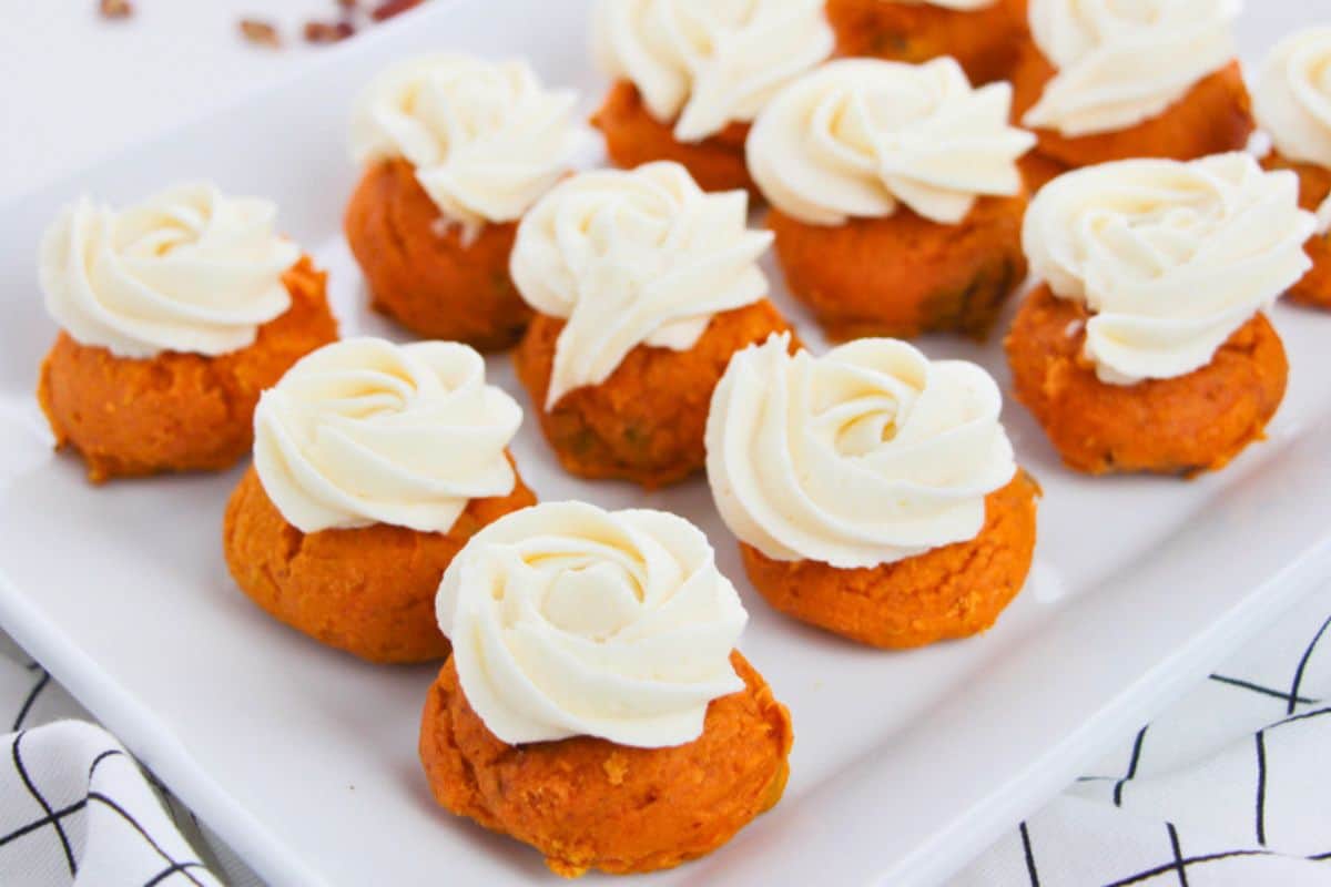 cake mix pumpkin cookies on platter.