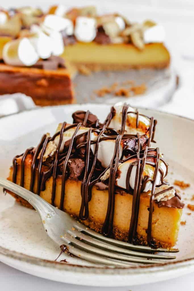 slice of pumpkin smores cheesecake.