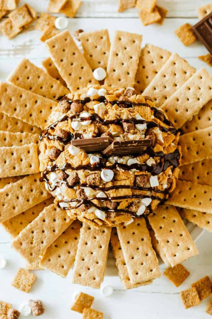 smores dip ball surrounded by graham crackers.