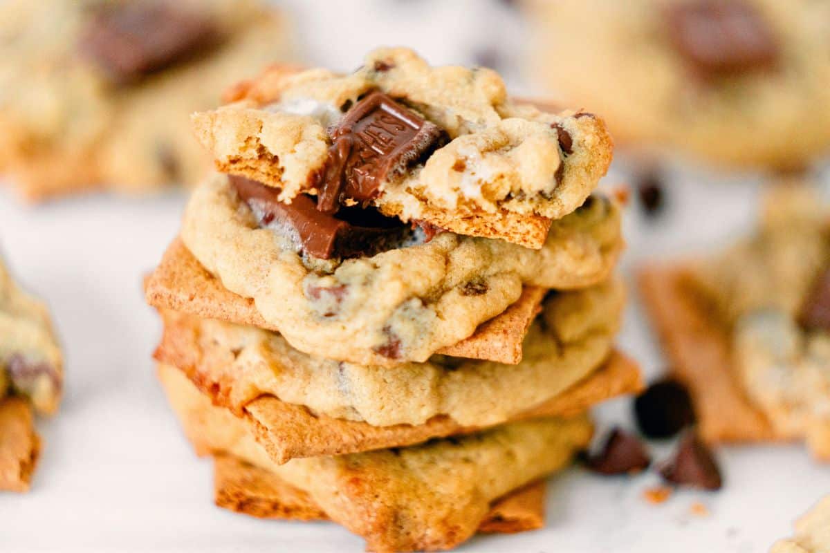 stack of smores chocolate chip cookies.