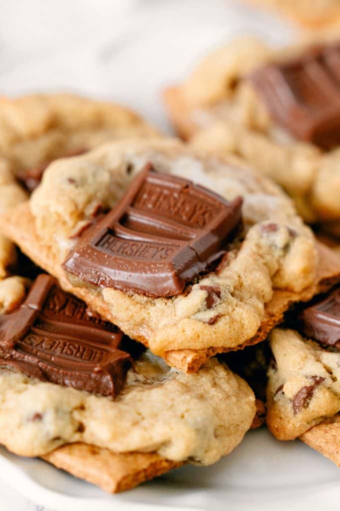 stack of smores cookies on plate.