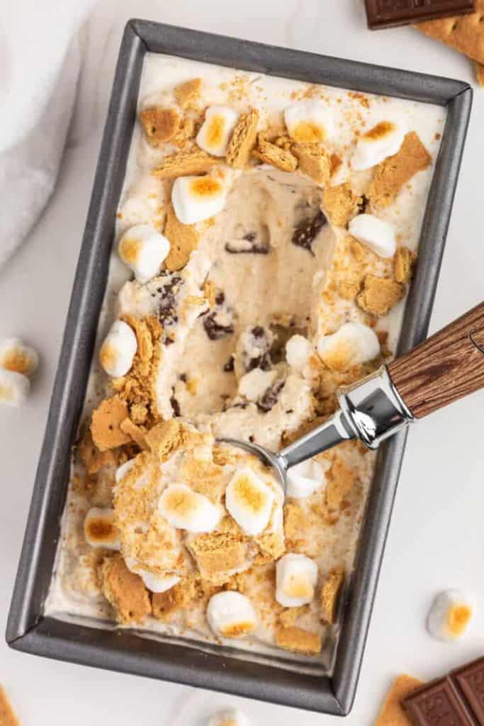 tub of homemade smores ice cream.