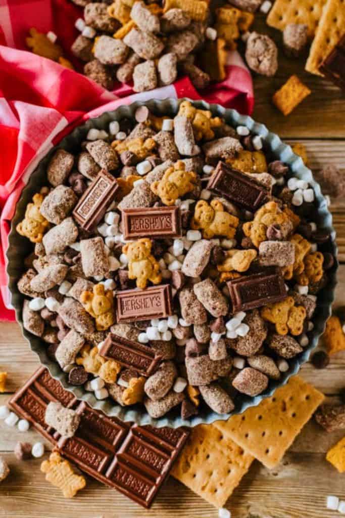 smores muddy buddies in bowl.