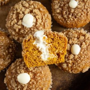 pumpkin cream cheese muffins with streusel crumble.