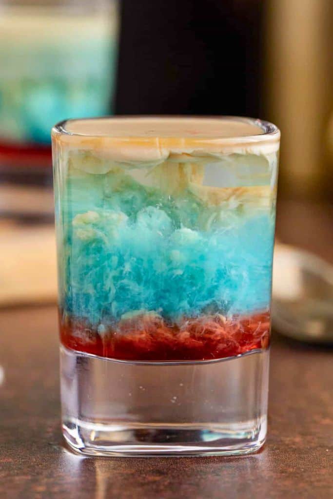 red white and blue shot in glass.
