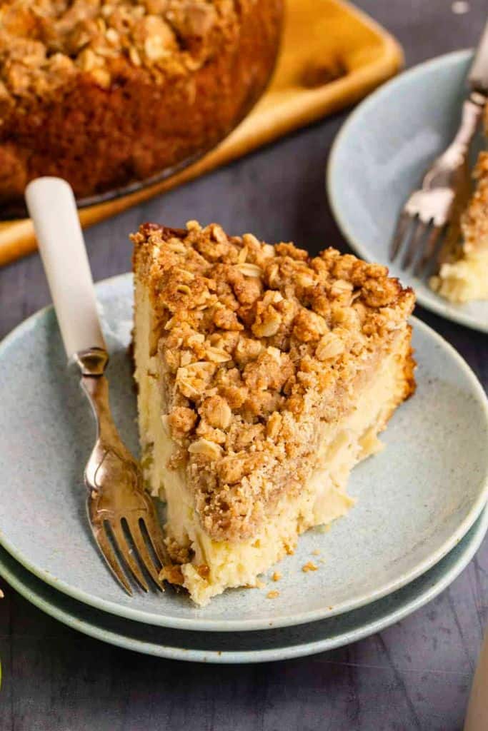slice of apple coffee cake on plate.
