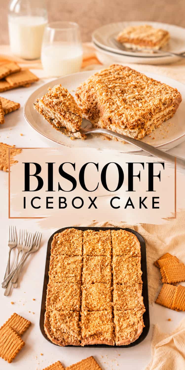 collage of no bake biscoff cake.