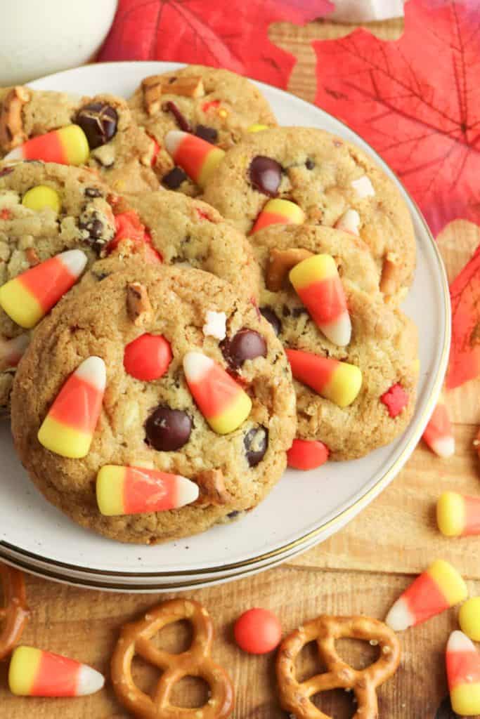 candy corn cookies on plate.