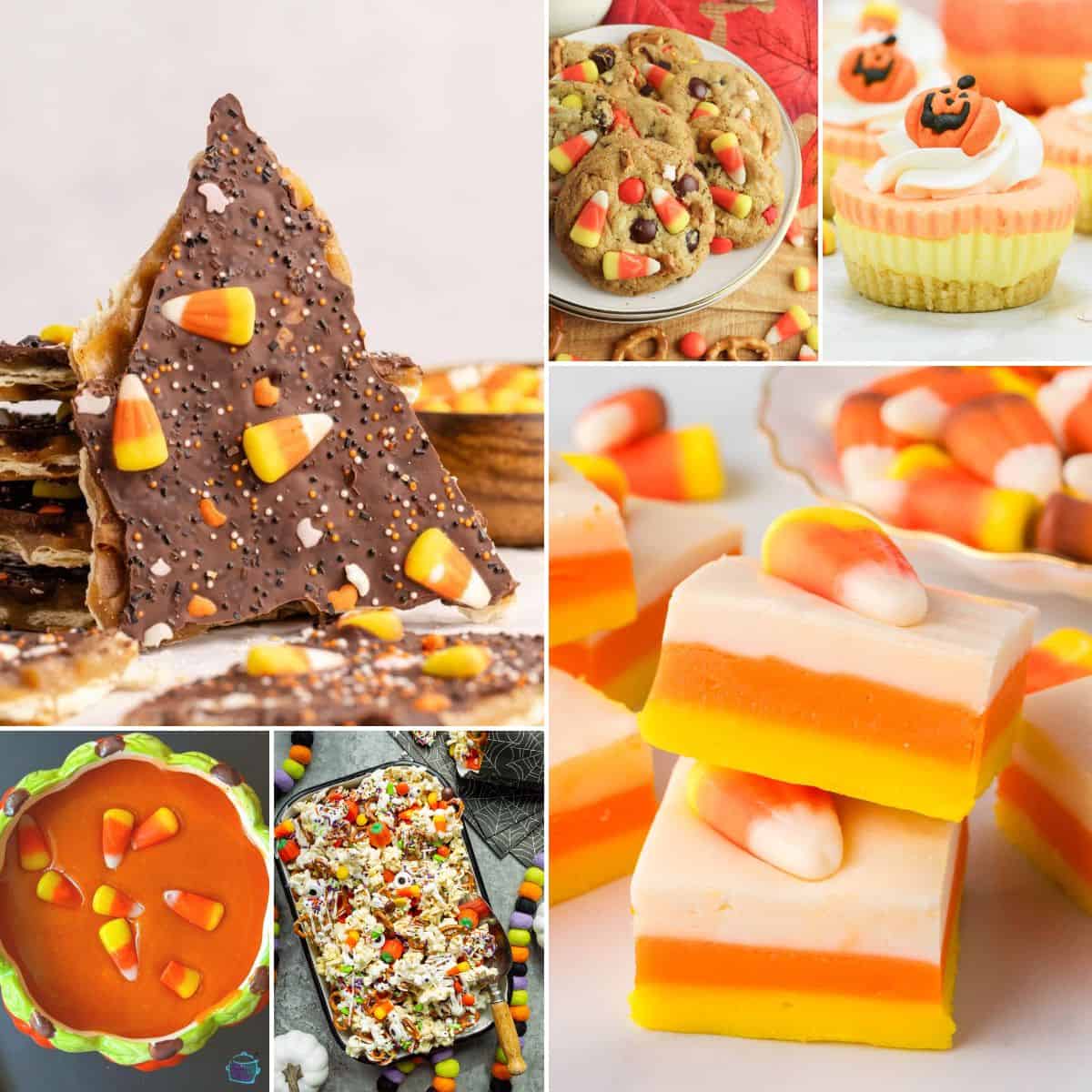 collage of candy corn treats and desserts.