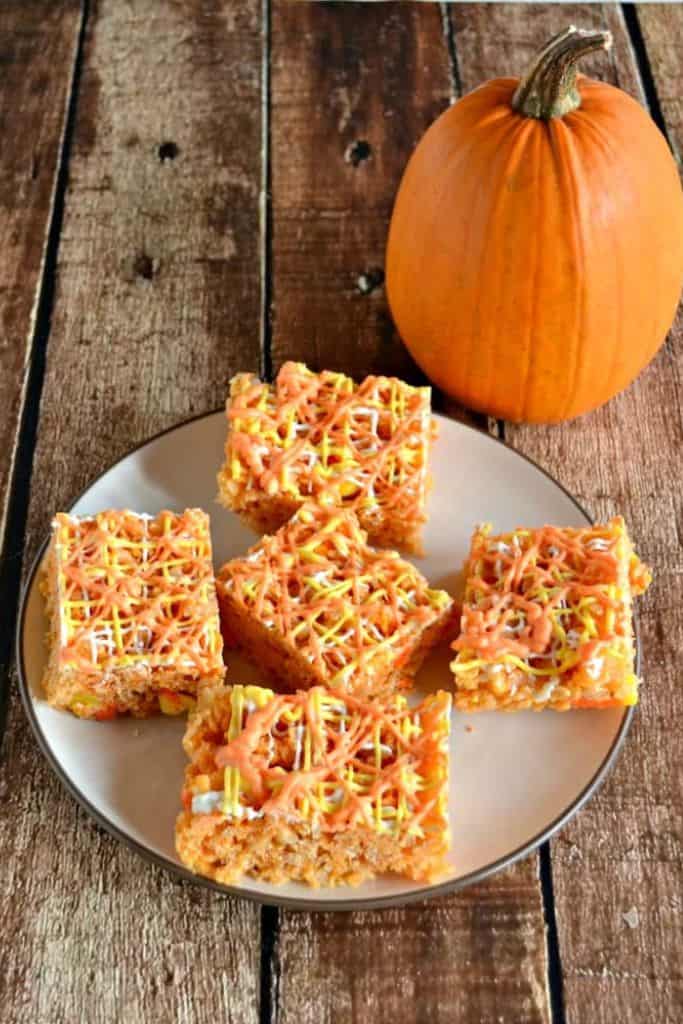 candy corn rice krispie treats on plate.
