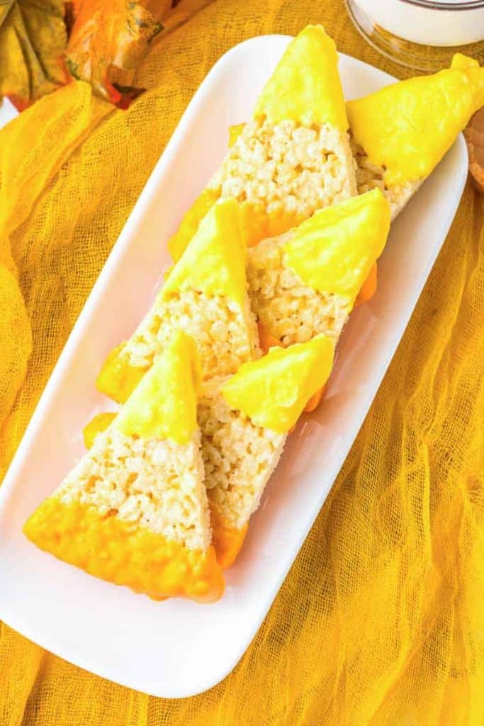 pieces of candy corn themed rice krispies.