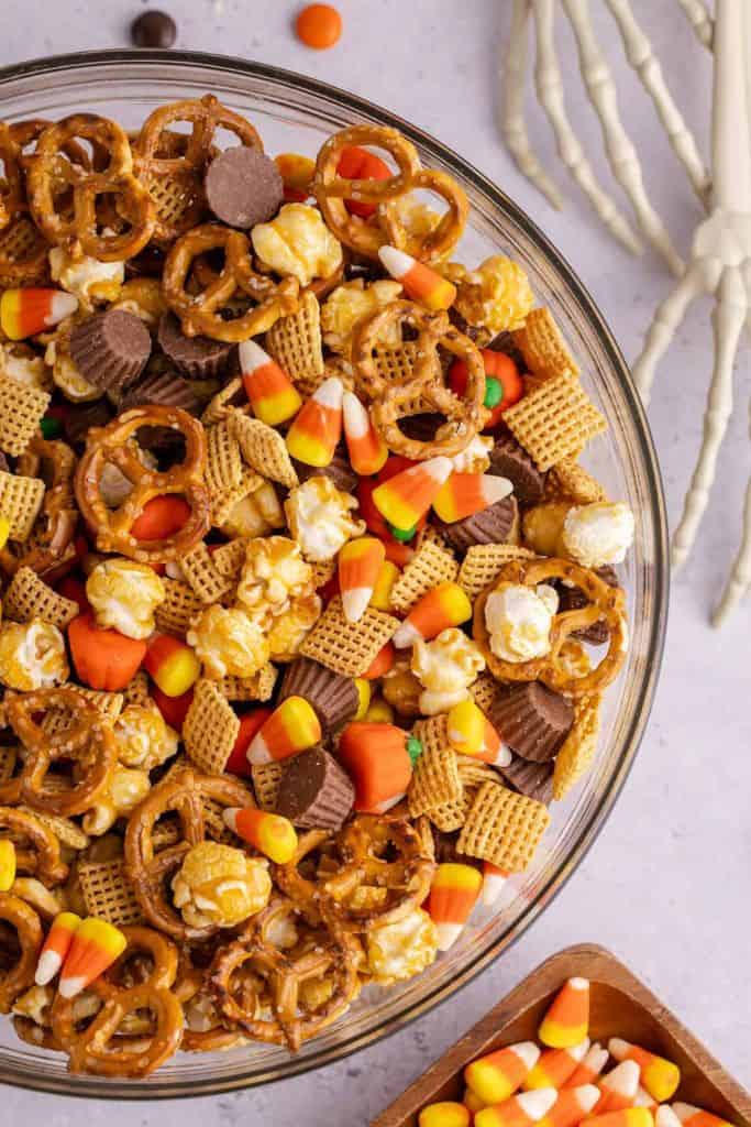candy corn snack mix in bowl.