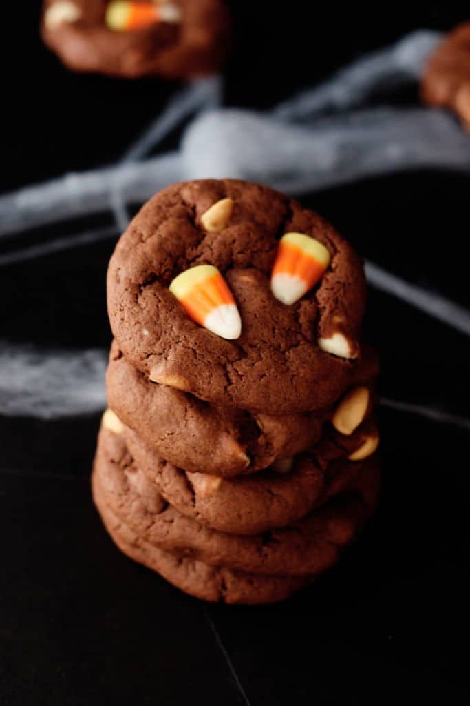 chocolate cookies with candy corn.