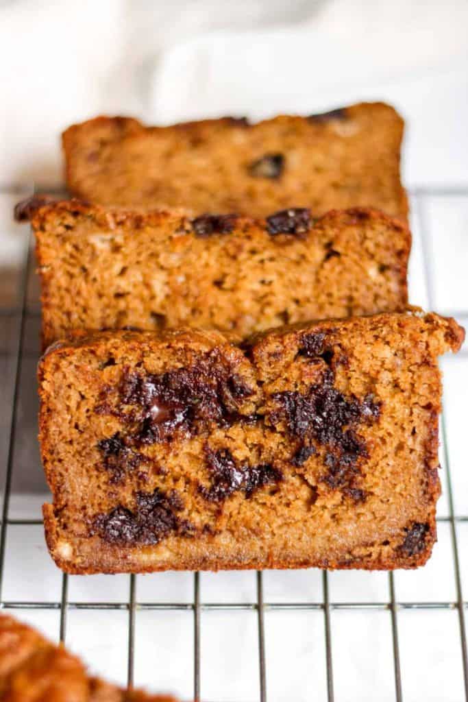 sliced banana pumpkin bread with chocolate chips.
