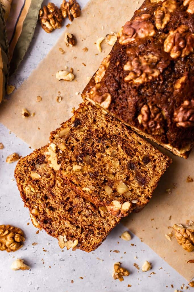 sliced coffee walnut loaf cake.