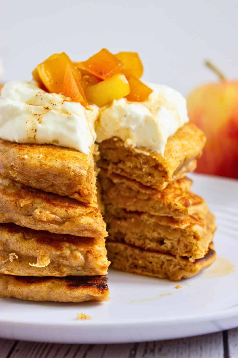 apple pancake stack with yogurt and apple compote.
