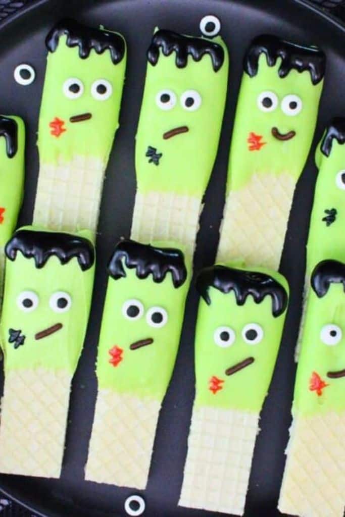 frankenstein wafer cookies decorated.