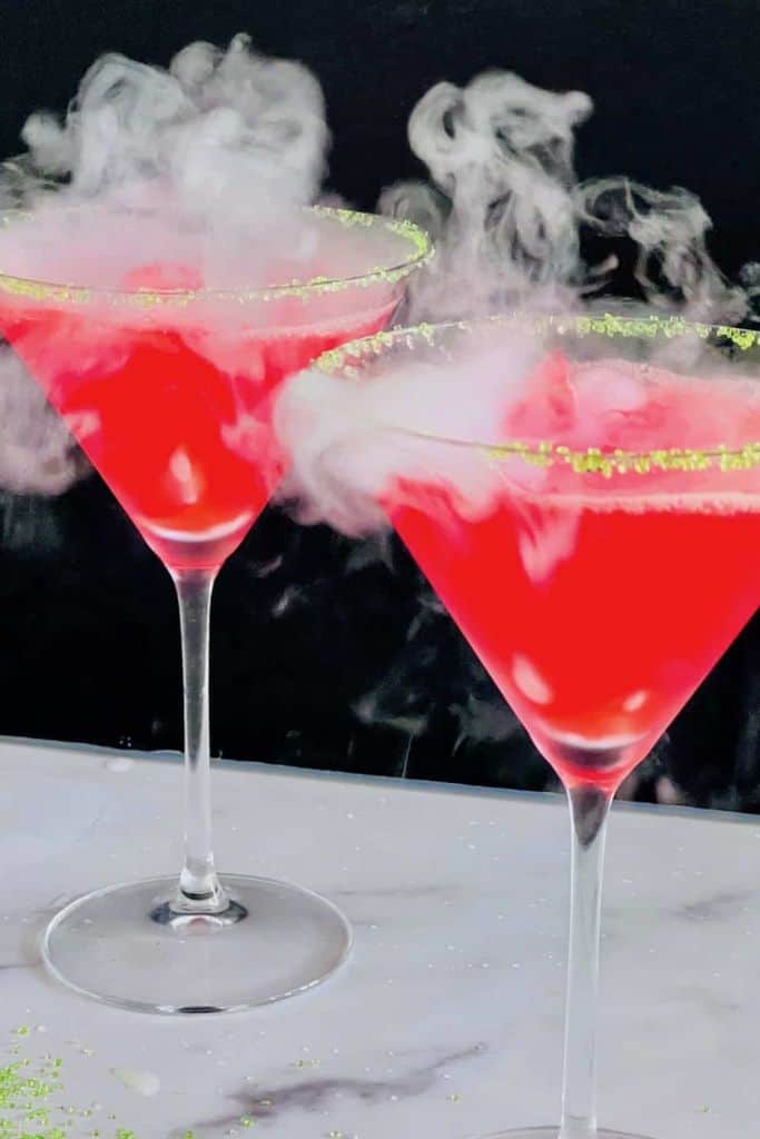 red halloween cocktail in glass.