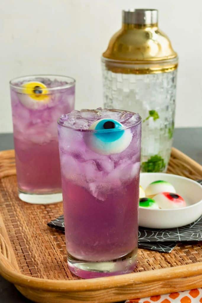 purple halloween cocktail with eyeball.
