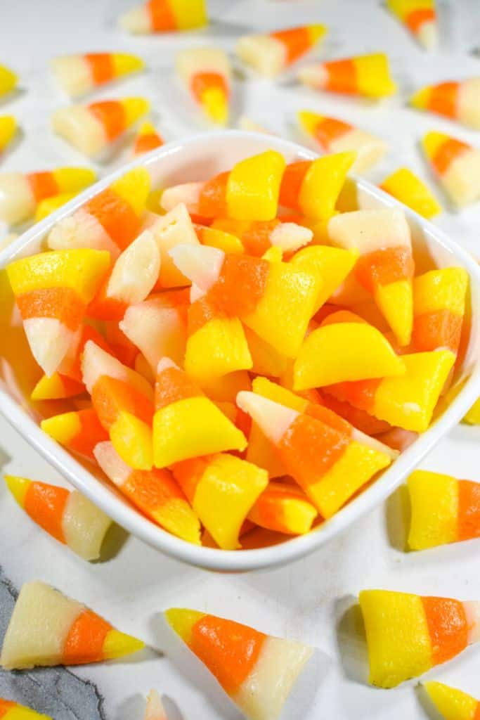 bowl of homemade candy corn.