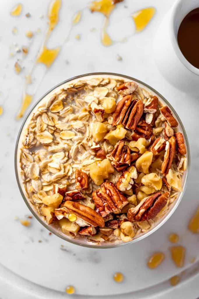 top view of glass of maple overnight oats.