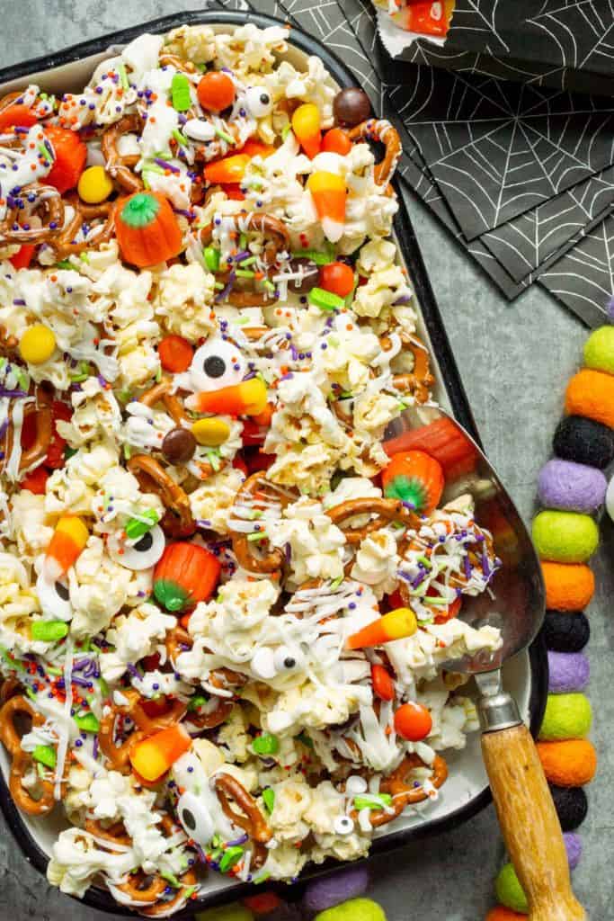 popcorn snack mix with candy corn.