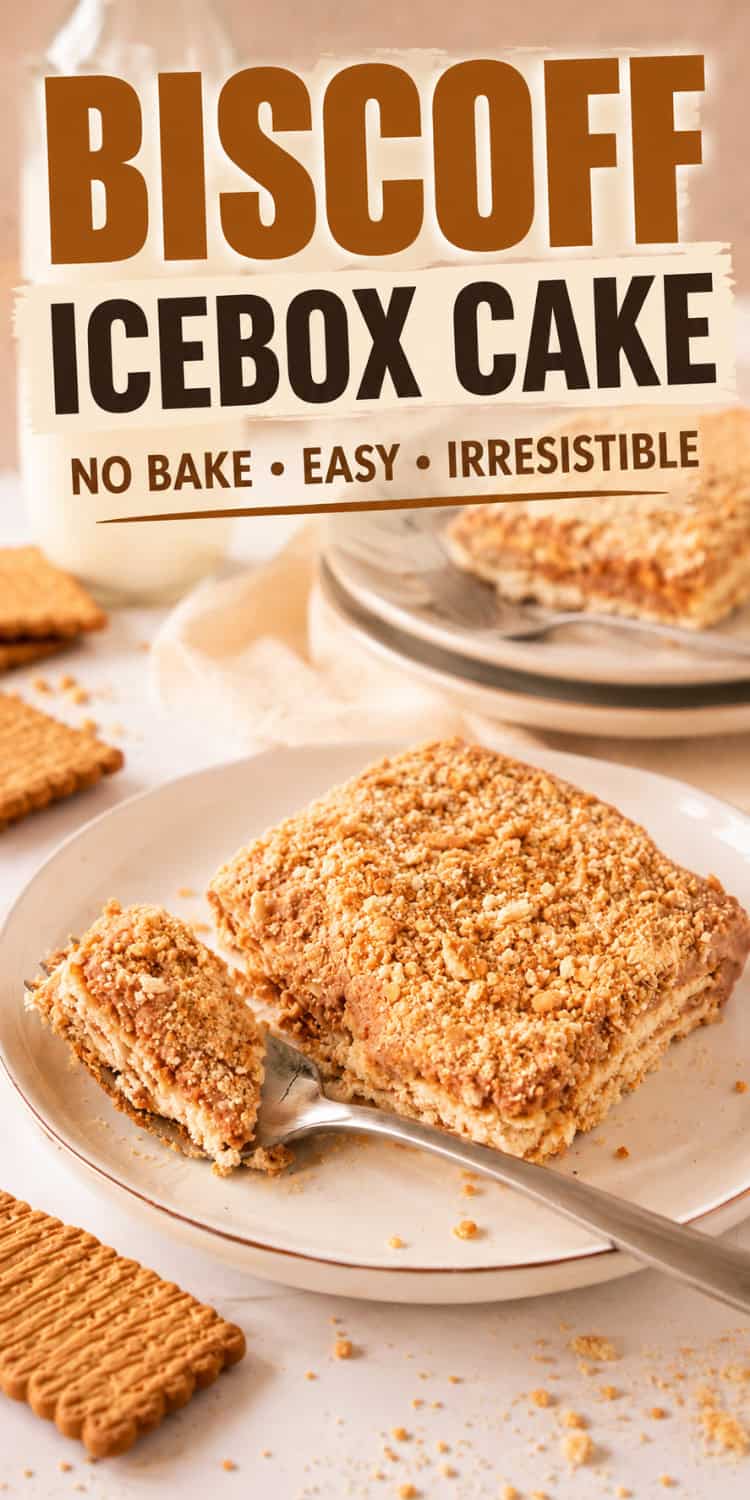 collage of biscoff icebox cake slice on plate.