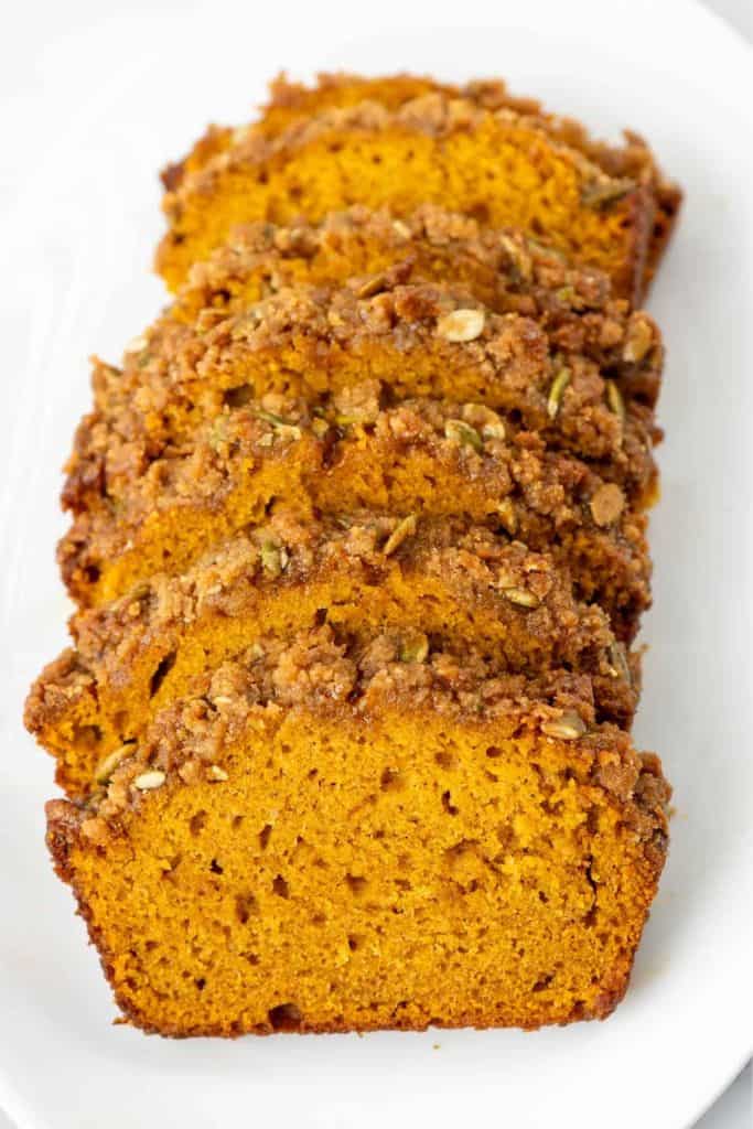 sliced pumpkin streusel bread.