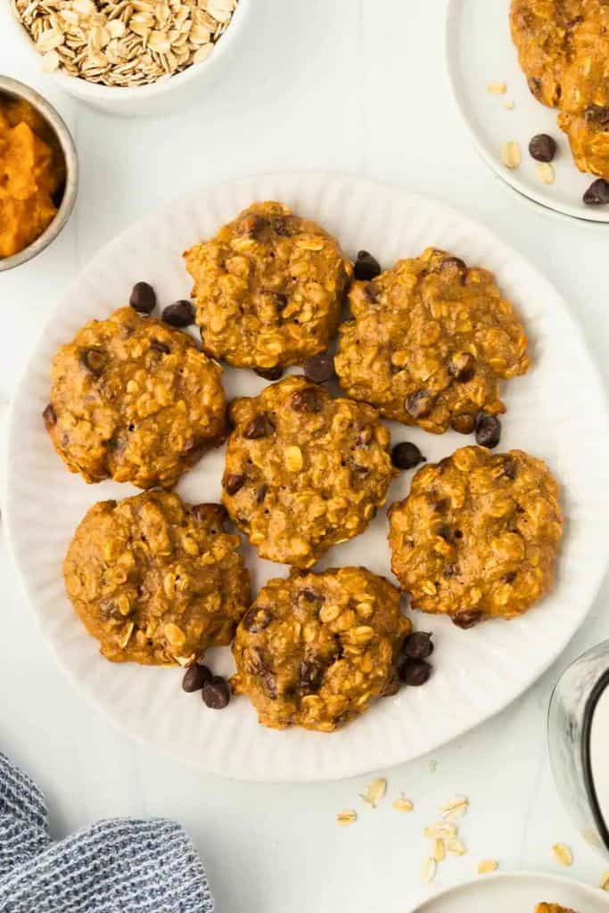 pumpkin chocolate chip oatmeal cookies on plate.