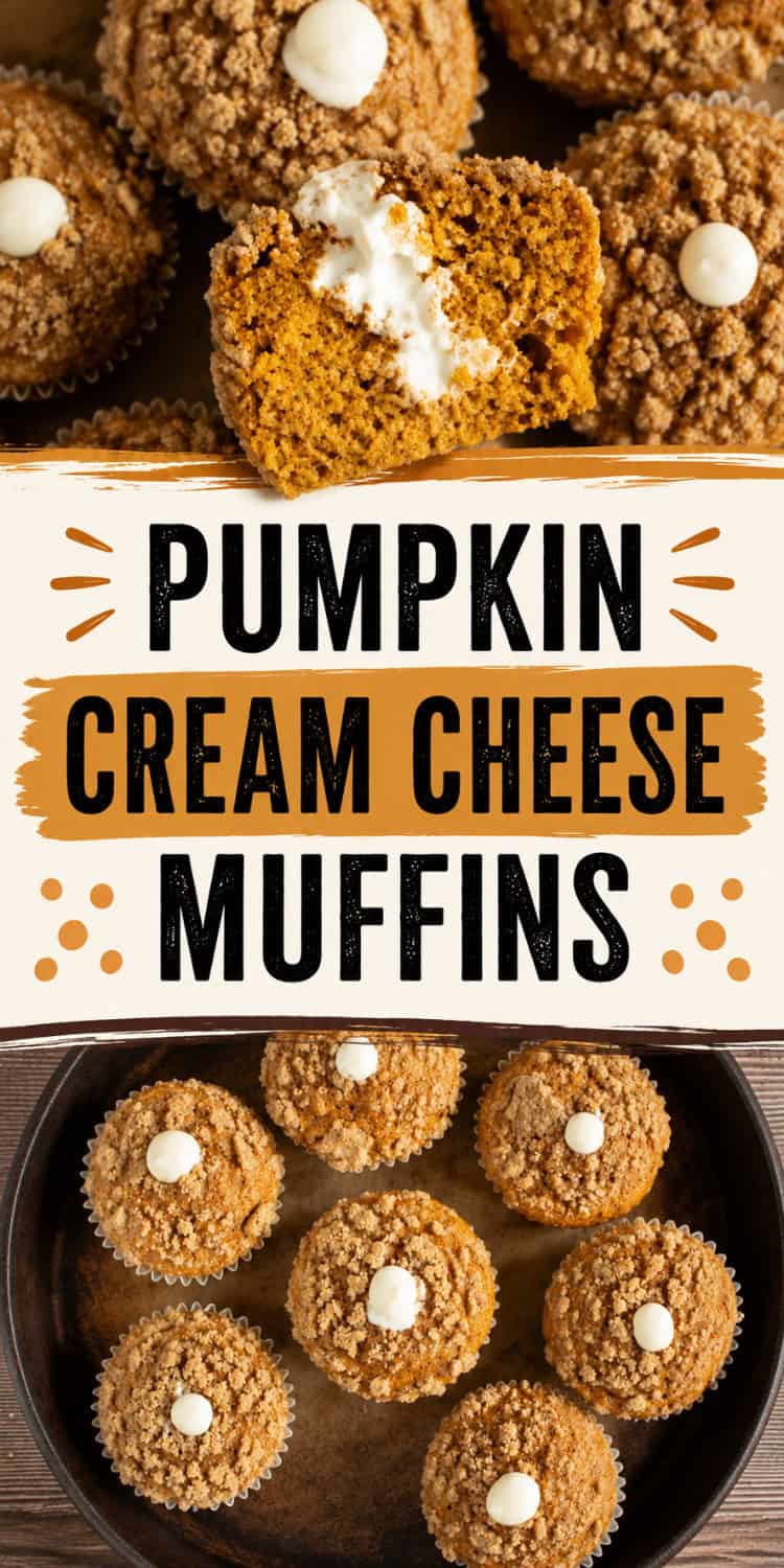 collage of pumpkin muffins with cream cheese filling.