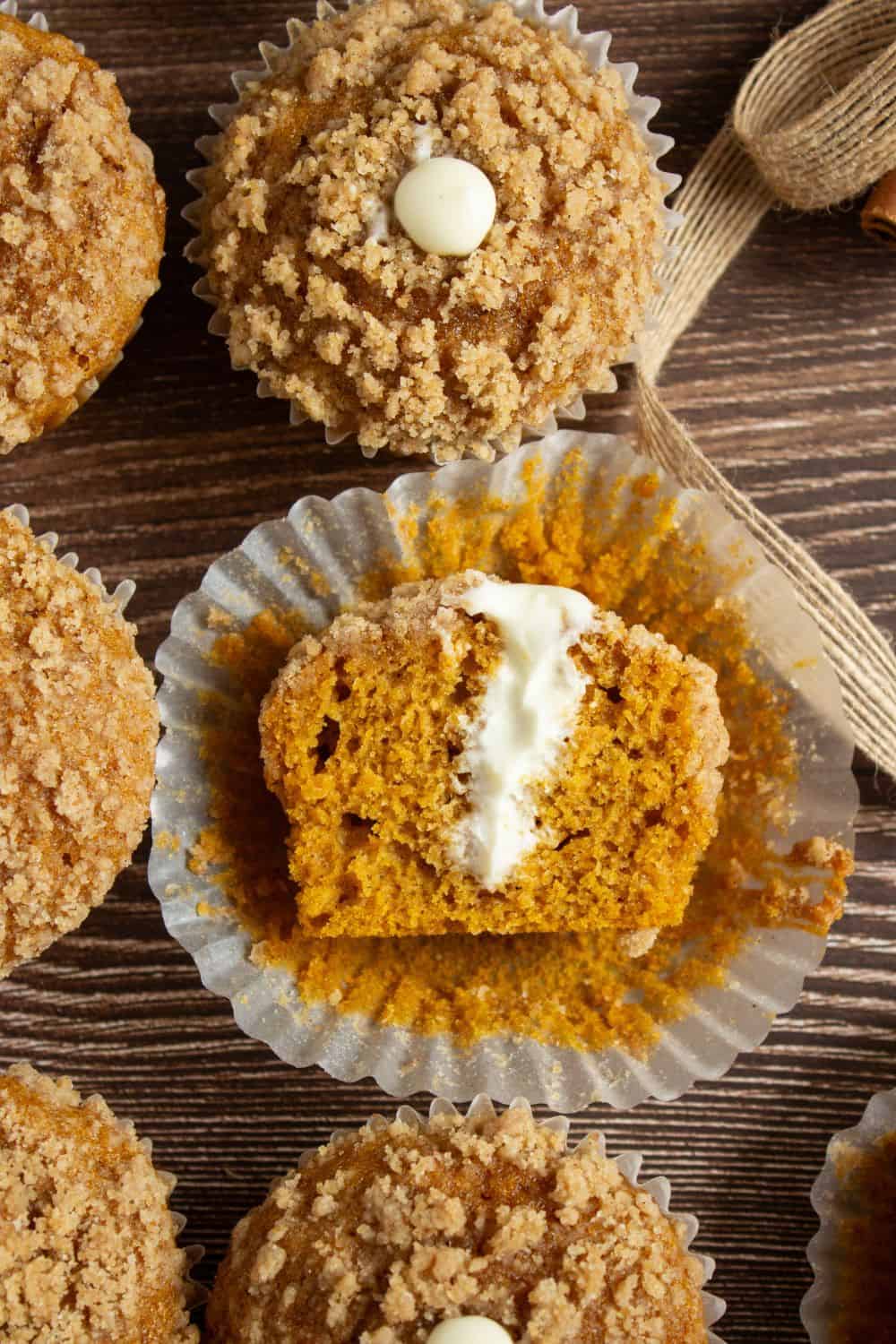 pumpkin cream cheese muffins top view.