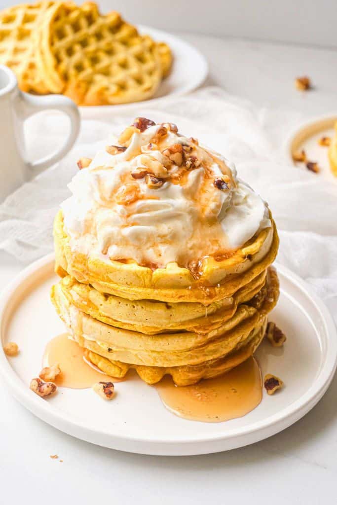 stack of pumpkin flavored waffles.
