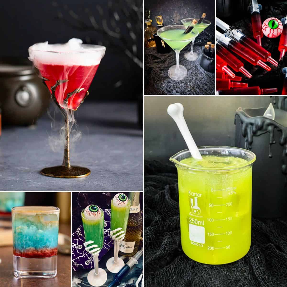 collage of halloween drinks recipes.