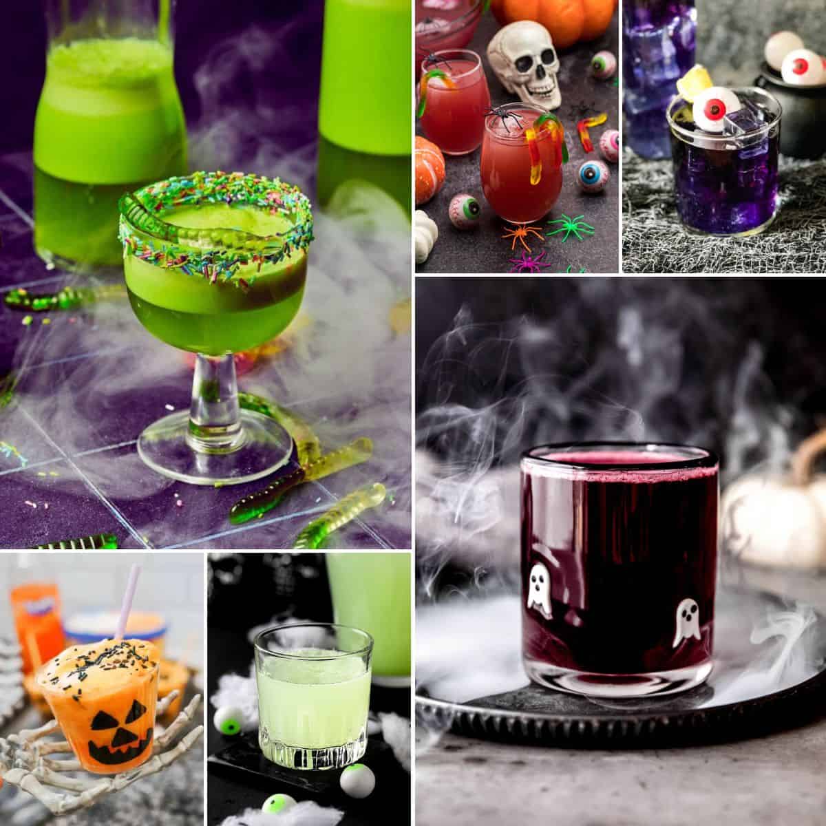 collage of halloween mocktails for kids.