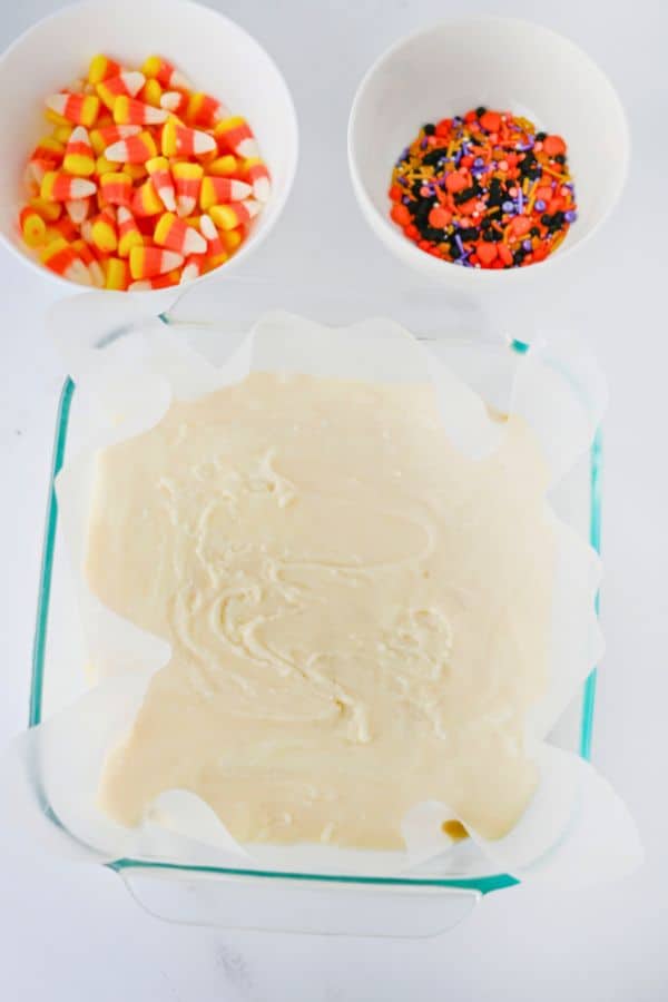 white fudge in dish before setting.