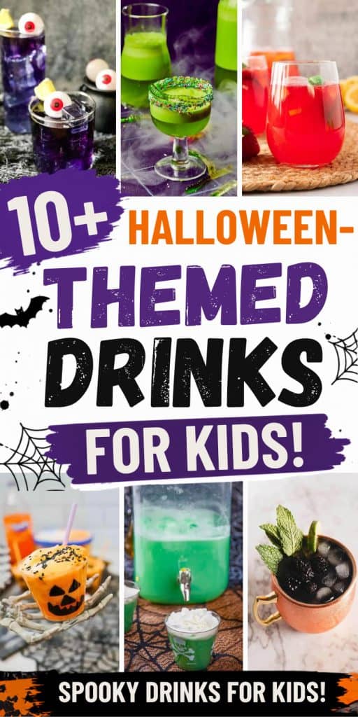 collage of halloween themed drink ideas for kids.